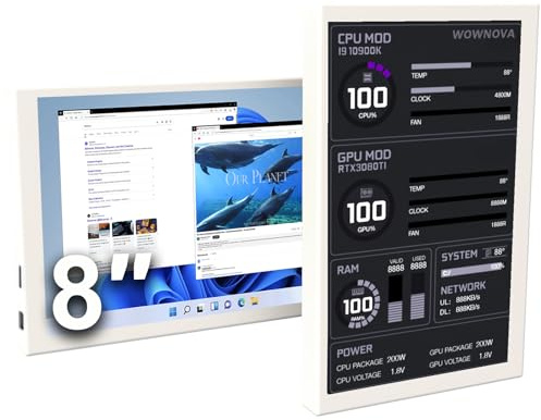 WOWNOVA 20,3 cm (8 Zoll) LCD-Bildschirm im PC-Gehäuse (Desktop-Modus hinzugefügt), 1 Klick 1 Kabel zum Einstieg Computertemperaturanzeige, Sensor-Panel für PC-Gehäuse mit Bildschirm (weiß)