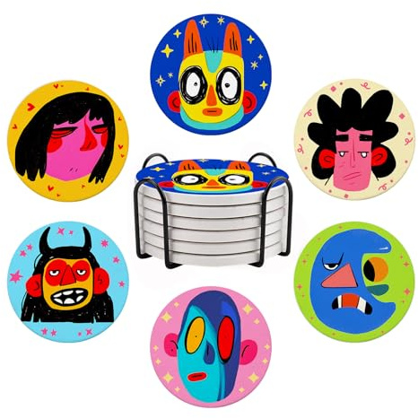 Funny Cute Coasters, Set of 6 Drink Coasters, Abstract Art Ceramic Coaster with Metal Holder, Absorbent Round Non-Slip Drink Mug Cup Coaster Housewarming Room Bar Decoration Gift