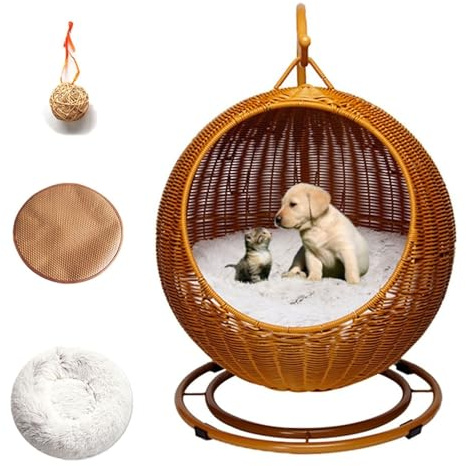 Pet Swing Bed for Cats, Dogs & Small Animals, Hanging Hammock, Indoor/Outdoor Rattan Wicker Egg Chair with Stand & Cushion
