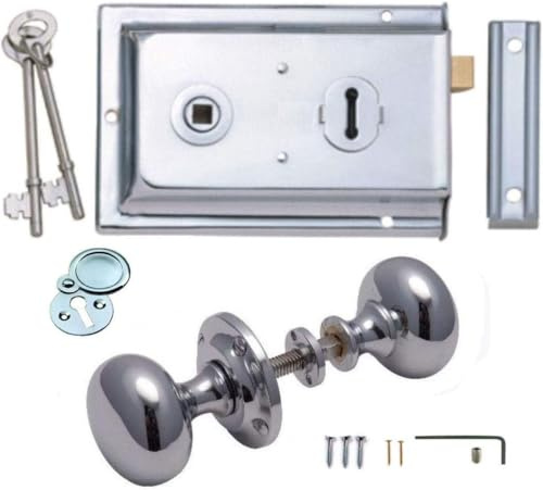 Ironmongery Solutions® Polished Chrome Victorian Mushroom Rim Door Knobs & Rim Sash Lock Set – Classic Internal Door Hardware