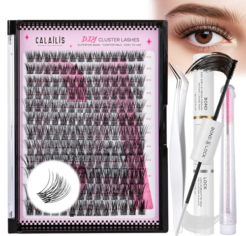 CALAILIS DIY Wimpern Extensions Set, Lash Extension Set 168 Stück D Curl DIY Cluster Lashes mit Wimpernkleber und Sealer Lash Remover und Applikator (703KIT)