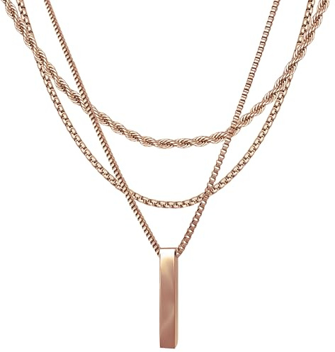RUGGED STEEL - Damen Layering Ketten Set Edelstahl 3 Layer Halsketten -> 7 Styles - Kordelkette 40+8 cm - Boxkette 45cm - Venezianerkette 50cm + Stab-Anhänger - silber gold roségold - inkl Schmuck-Box