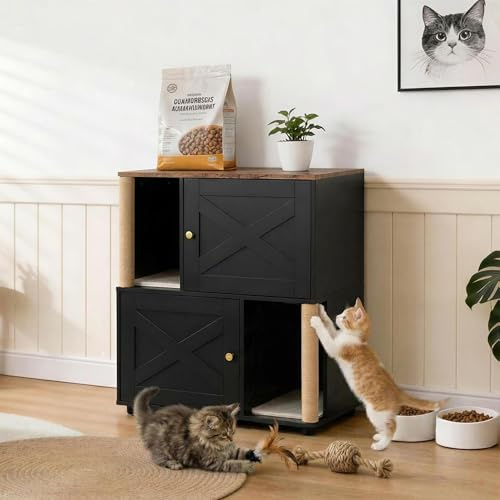 Garvee Cat Litter Box Enclosure for 2 Cats, 80W x 50D x 88H cm Hidden Litter Box Furniture with Scratching Posts & Double-Layer Mat, Wooden Cat House Side End Table for Living Room Bedroom - Black X