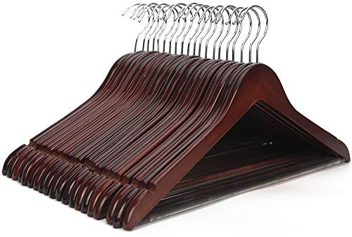 JS HANGER Kleiderbügel aus Holz, hochwertig, 44,5 cm, mit rutschfester Hosenstange, extra glatt und splitterfrei, Walnuss-Finish