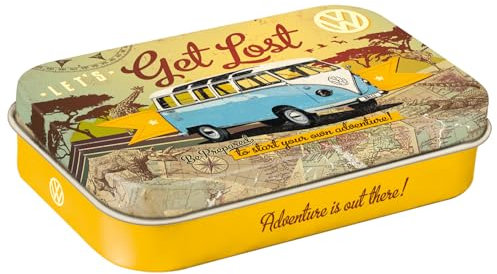 Nostalgic-Art Retro Pillendose XL, 6 x 9,5 x 2 cm, VW Bulli – Let's Get Lost – Volkswagen Bus Geschenk-Idee, mit Pfefferminz-Dragees, Vintage Design