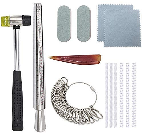 NIUPIKA Ring Sizer Mandrel Set Jewellery Making Tools Including Jeweler's Rubber Hammer,Finger Sizer Gauge UK Size A-Z,Ring Mandrel,Polishing Cloth,Agate Burnisher