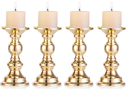 Nuptio 4 Stück Gold Metall Säulen Kerzenhaltern, Hochzeit Mittelstücke Kerzenständer Kerzenständer Weihnachten Dekoration Ideal für Hochzeiten Besondere Anlässe Partys (Passend für 50mm Dia Kerze)