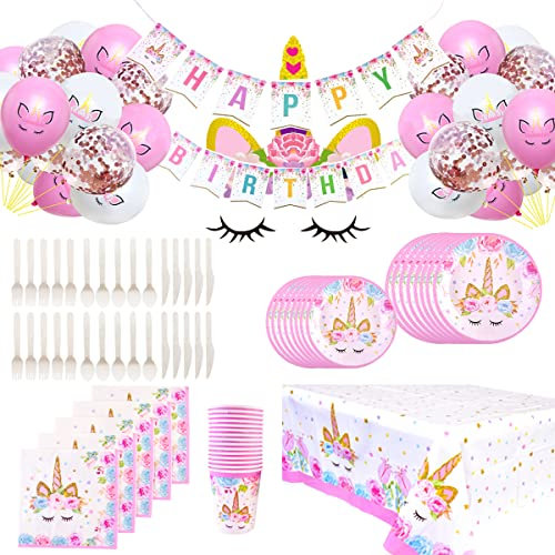 Himeland Einhorn Kindergeburtstag Deko, Mädchen Geburtstag Party Geschirr Set mit Papier Banner Teller Becher Servietten Besteck und Tischdecke, Geburtstag Dekoration kit für 16 Gäste Wiederverwendbar