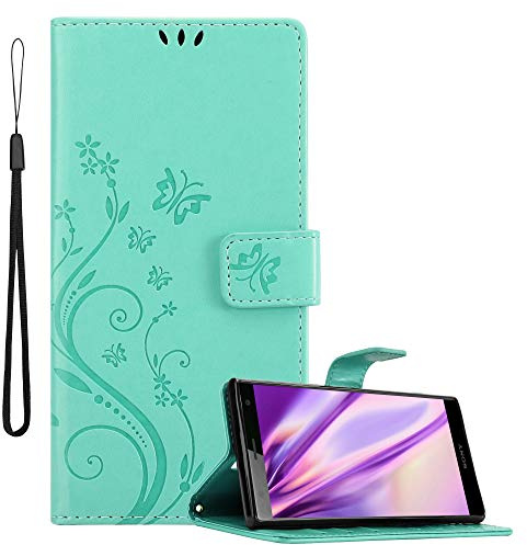 Cadorabo Hülle kompatibel mit Sony Xperia XZ2 Blumen Design aus Kunst Leder Flip Klappbare Stoßfeste Magnetische [Standfunktion] [Kartenfächern] Cover Hülle für Sony Xperia XZ2 Tasche in Türkis