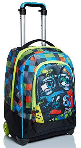 Rucksack mit Trolleyfunktion, 2 in 1, Schulranzen mit Rollen, ab 1. Klasse, für Schule, Gymnasium, Reisen&Freizeit, Mädchen&Jungen, mehrfarbig, Gesicht/Augen