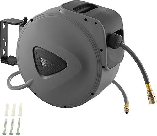 tectake® Druckluftschlauch, Schlauchtrommel mit Aufroller und ¼ Zoll Schnellkupplung, Schlauchaufroller mit Aufroll-Automatik und Schlauchstopp, mit Wandhalterung, Druckluft Zubehör - 20 m
