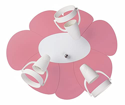 HELLUX Kinderzimmer Lampe Decke aus Holz | LED Deckenleuchten für Kinder mit Blumenform | Kinderlampe Decke 16x33x39cm für Babyzimmer | Lampe E27 mit 3 Lichtpunkten (Rosa/Weiß)