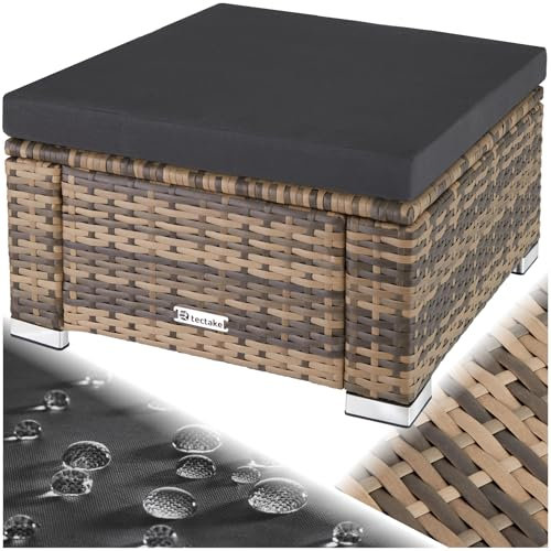 TecTake® Tabouret Repose-Pieds Table Basse pour Salon de Jardin Exterieur en Résine Tressée, Pouf avec Coussin imperméable pour Amenagement Balcon Terrasse