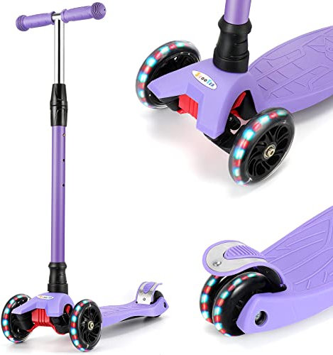 IMMEK Roller Kinder, PU Radstehende Scooter Roller mit LED-Lichtern, Scooter Kinder können auf DREI Verschiedene Höhen Werden.3-12 Jahre(Violett)