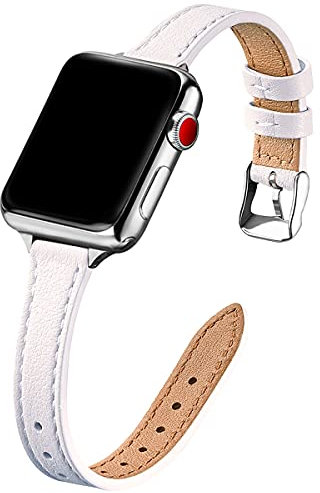 SUNFWR Kompatibel mit Apple Watch Armband 38mm 40mm 41mm,Echtes Ersatz Lederarmband,Schlank und Leicht Armband für die iwatch Serie Ultra/8/7/6/5/4/3/2/1,SE(Weiß&Silber)
