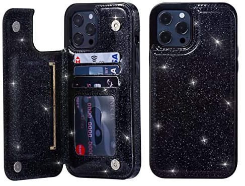 UEEBAI Case for iPhone 13 Pro Max 6.7 inch, Premium Glitter PU Leather Case Back Wallet Cover [Two Magnetic Clasp] [Card Slots] Stand Function Durable Shockproof Soft TPU Case - Black#2