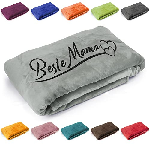 Deitert Kuscheldecke Beste Mama mit Herzen, Geschenk zu Muttertag, Geburtstag, hochwertig Bestickt, 200cm x 150cm extra weiche und gemütliche Sofadecke/Wohndecke, hochwertiges Fleece (Grau)