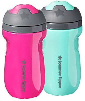 Mayborn Group 2 x Tommee Tippee No Spill Insulated Baby Bottle & Sippee Cup w/Easy Drink Spout for Baby, Child & Toddler for Drinking Juice, Milk & Water - 9oz, 266ml, 12m+ [PINK + MINT]