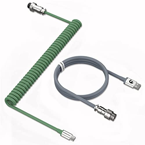 MAMBASNAKE C01 Coiled Keyboard Cable, Pro Custom USB-C Aviator Cable for Keyboard, Type-C to USB-A HyperSpeed Line with 8KHz Return Rate with Metal Aviation Connector for Gaming Keyboard-Green/Grey