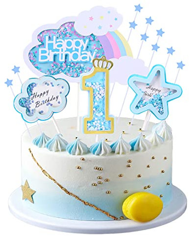 Kawailay Geburtstagstorte Dekoration - Happy Birthday, Regenbogen, Wolken, Sterne - Deckel für Kinder, 1. Geburtstag, Blau
