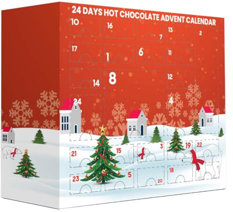 Hot Chocolate Adventskalender 2024 - Luxus Auswahl an aromatisierten heißen Schokolade mit Marshmallow Toppers Weihnachten Lebkuchenmänner Zuckerstange & heiße Schokolade Rührstäbchen mit heißen