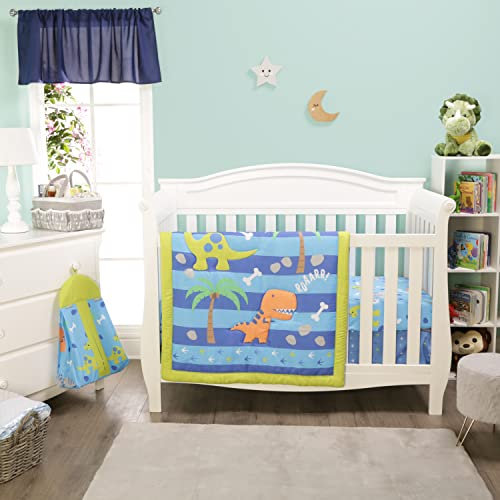 Mossworld Everyday Kids Dinosaur 4 Pc Crib Bedding and Nursery Set Includes Baby Bed Quilt, Fitted Sheet, Dust Ruffle and Diaper Stacker; Triceratops and T-Rex Dino Design for Baby Boys