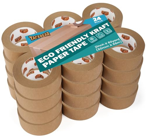 TAPEBEAR Umweltgerechtes Kraftpapier Klebeband, Abbaubar Papier Klebeband | Verpackungsband, Recycelbar Braun Papier Packband, 2inch x 60yard, 24Rollen