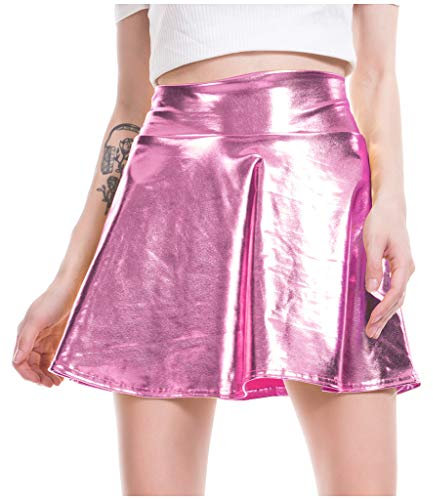 Minigonna da Donna Plissettata, Sexy, in Poliuretano, a Vita Alta, Metallizzata, a Pieghe, Mini Gonna da Skater in Metallo, Stile Space Girl Anni '90, Colore: Rosa., XXL