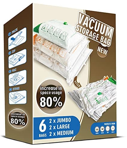 Storage Master Space Saver Bags for Travel and Home Reusable Vacuum Storage Bags Save 80% More Storage Space Work with Vacuum Cleaner (6 Combo, No Pump Included)