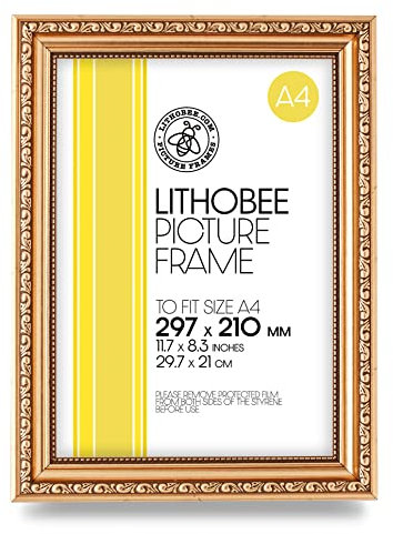Lithobee - Gold Ornate Stylish Quality Coloured Frame comes in Sizes A3 & A4 Ideal for Home Bedrooms Living Rooms Offices and Framing Photographs, Prints and Artwork
