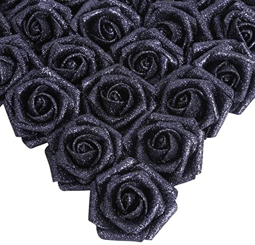 IPOPU Schwarze Glitzer-Rosen, 25 Stück Schaumstoff-Glitzer-Rosen, Glitzer-Blumen, Schaumstoff-Rosen mit Stiel für DIY Hochzeit Brautstrauß Zuhause Party Dekoration (schwarz)
