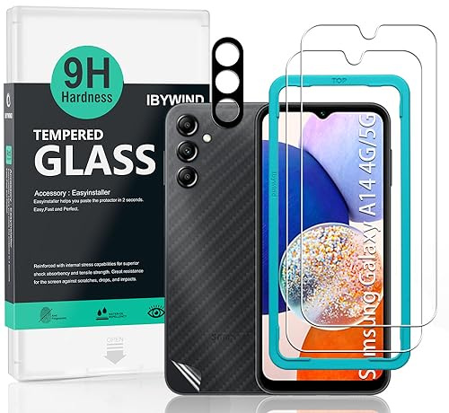 Ibywind Panzer Schutz Glas kompatibel mit Samsung Galaxy A14 5G/A14 4G 6.6,mit 2 Stück gehärtetem Glas-9H Härte,1 Stück Metall Kamera Schutzfolie,1 Stück Carbon Fiber Folie für die Rückseite