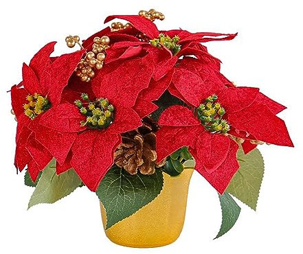 BEIJIALY Künstliche Weihnachtsstern-Blumen Im Topf, Künstliche Weihnachtsstern-Pflanzen Im Topf, Weihnachtsstern mit Goldenem Dekorativem Pflanzgefäß, Weihnachtsstern-Pflanze aus Seide,(Rot)