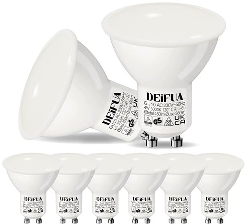 DEIFUA GU10 LED Warmweiss 4W Ersetzt 50W Halogen Leuchtmittel, 6er-Pack. 450 Lumen 3000K Birnen, Mattierter Spritzschutz Keine Blendung Strahler, Flimmerfrei Augenschutz Nicht Dimmbar Reflektorlampen