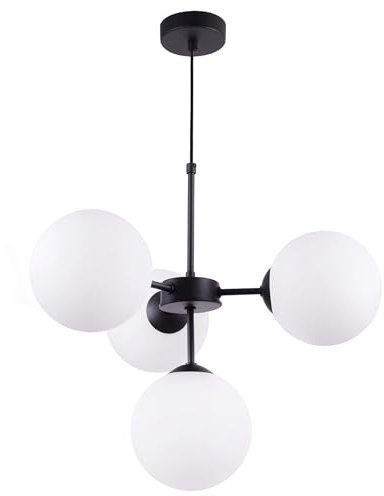 Light-Home Imperia Suspension Luminaire Lustre - Moderne Plafond pour Chambre Salon et Cuisine - Métal et Verre - E14 - À 4 Lumières - Noir Base et Blanc