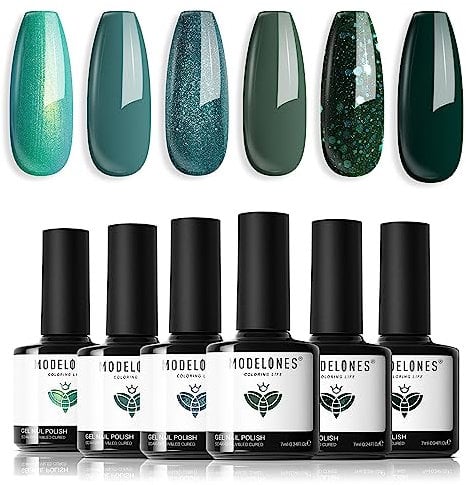 Modelones UV Nagellack Grün, Dunkelgrün Glitzer 6 Farben Gellack UV Gel Nagellack Set LED Soak Off Gelnägel Nail Polish für Nail Art Nageldesign
