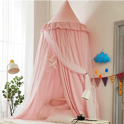 HUOQOU Betthimmel für Mädchen Doppelschicht Prinzessin Runder Kuppel Kinder Träumendes Moskitonetz Bettwäsche Mädchenzimmer Schloss Spielzelt Hängendes Haus Dekor Leseecke Baldachine(Rosa/weiß)