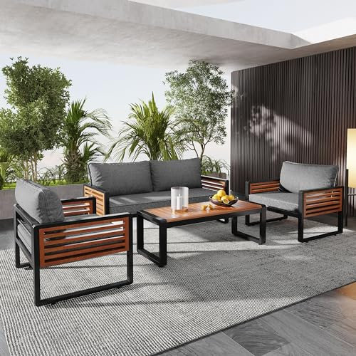 Merax Gartenmöbel Set 4-Personen, Balkonmöbel Lounge Sitzgruppe mit Tisch & Kissen, Ecksofa-Set aus verzinktem Eisen, Akazienholz, Gartenlounge Set, Outdoor, für Balkon Terrasse, Landhausstil, Grau
