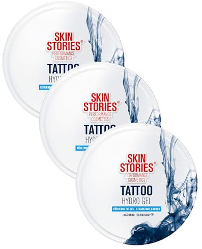 SKIN STORIES Tattoo Hydro Gel (75 ml), kühlendes Tattoo Gel mit InkGuard-Technology für strahlende Tattoofarben, feuchtigkeitsspendendes Aloe Vera Gel für beanspruchte Haut (Packung mit 3)