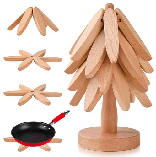 Duscdesp Wooden Trivets for Hot Pans Pots Dishes,4 Wooden Coasters+1 Stand,Wooden Trivet Tree for Kitchen Worktops Protector,Wooden Trivet Heat Proof Mat for Hot Dishes Pots Cups Bowls(Light Color)