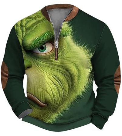 𝑮𝒓𝒊𝒏𝒄𝒉 Pullover Herren Weihnachtsdruck Lustig Weihnachtspullover Rundhals Henley Shirt Ugly Christmas Sweater Weihnachtspulli Langarm Sweatshirt 𝑮𝒓𝒊𝒏𝒄𝒉 Kostüm(#18 Army Green,XXL)