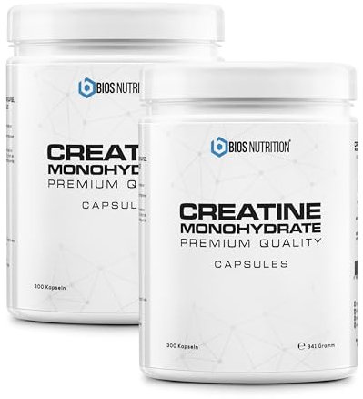 Creatin Kapseln hochdosiert 2x 300 Caps - 5000 mg Creatin pro Tag - Mit 1137 mg Creatin Monohydrat pro Kapsel (vegan) - Ohne Zusatzstoffe - BIOS Nutrition (Made in Germany)