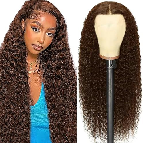 Salharer Echthaar Perücke für Damen Perücken Curly Human Hair Wig 13x6 Lace Front Wig 100% Brasilianisches Perücken Echthaar mit Babyhaar Any Part Chocolate Brown Color 18 Inch