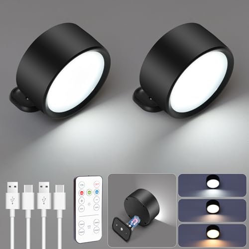 HOTUT LED Wall Light Indoor, 2 Pack LED Wall Lamps with 3 Color Modes, 3200mAh Rechargeable Battery Operated Wall Lights, Dimmable Wireless Wall Sconces Magnetic 360°Rotatable Touch and Remote Control