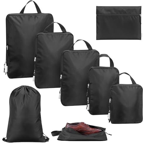 Navaris 8er Set Kompressions Packwürfel - Koffer Organizer Kompression - Packtaschen für Rucksack - Leichtgewichtig und Wasserabweisend - Kompressionsbeutel Reise - Schwarz