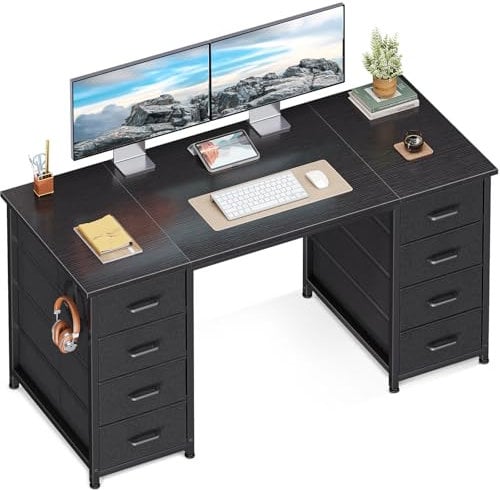 Coleshome Bureau avec 8 Tiroirs en Tissu, 120x48cm Bureau avec Rangement Table d'ordinateur avec Casque, Table Informatique pour Salon Domicile, Noir