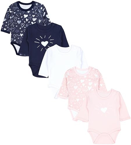TupTam Baby Body Langarm Mädchen – 5er Pack Unifarbene Body Baby aus Baumwolle – OEKO-TEX zertifiziert, Farbe: Herzmix Apricot Weiß Dunkelblau, Größe: 104