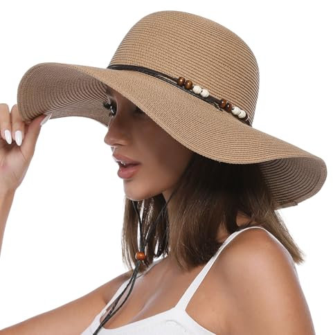Creekstone Womens Floppy Straw Sun Hat Wide Brim UPF 50 Sun Protection Packable Summer Beach Hats with Wind Lanyard (UK, Alpha, M, Khaki)