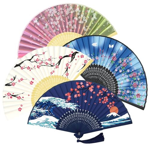 WEARXI Fächer Hochzeit – 4pack Handfächer, Fecher Sommer Hochzeit, Hand Fan Asiatische Deko für Geburttag, Party, Wedding, Fotografie, Wand Dekoration
