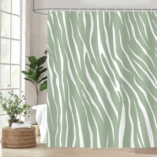 Dazzlewall Salbeigrün gestreifter Duschvorhang, geometrisches abstraktes Muster, Badezimmervorhang, 180 x 180 cm, wasserdicht, schimmelresistent, Stoff mit 12 Haken